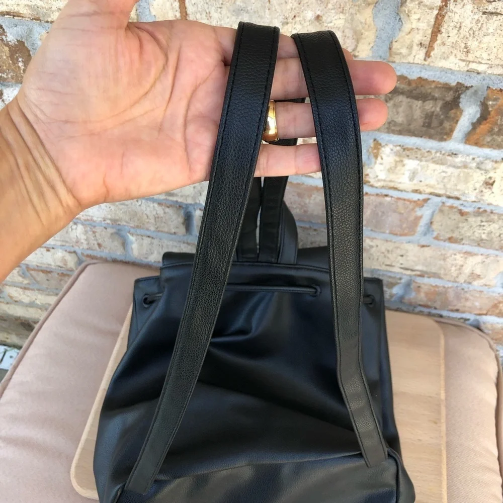 Victoria’s Secret Faux Leather Drawstring Magnet Black Backpack 15”W 12”H 6”D